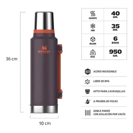 Termo Stanley Clásico 1.4 Lts Asa Plegable Acero Inoxidable Violeta Oscuro